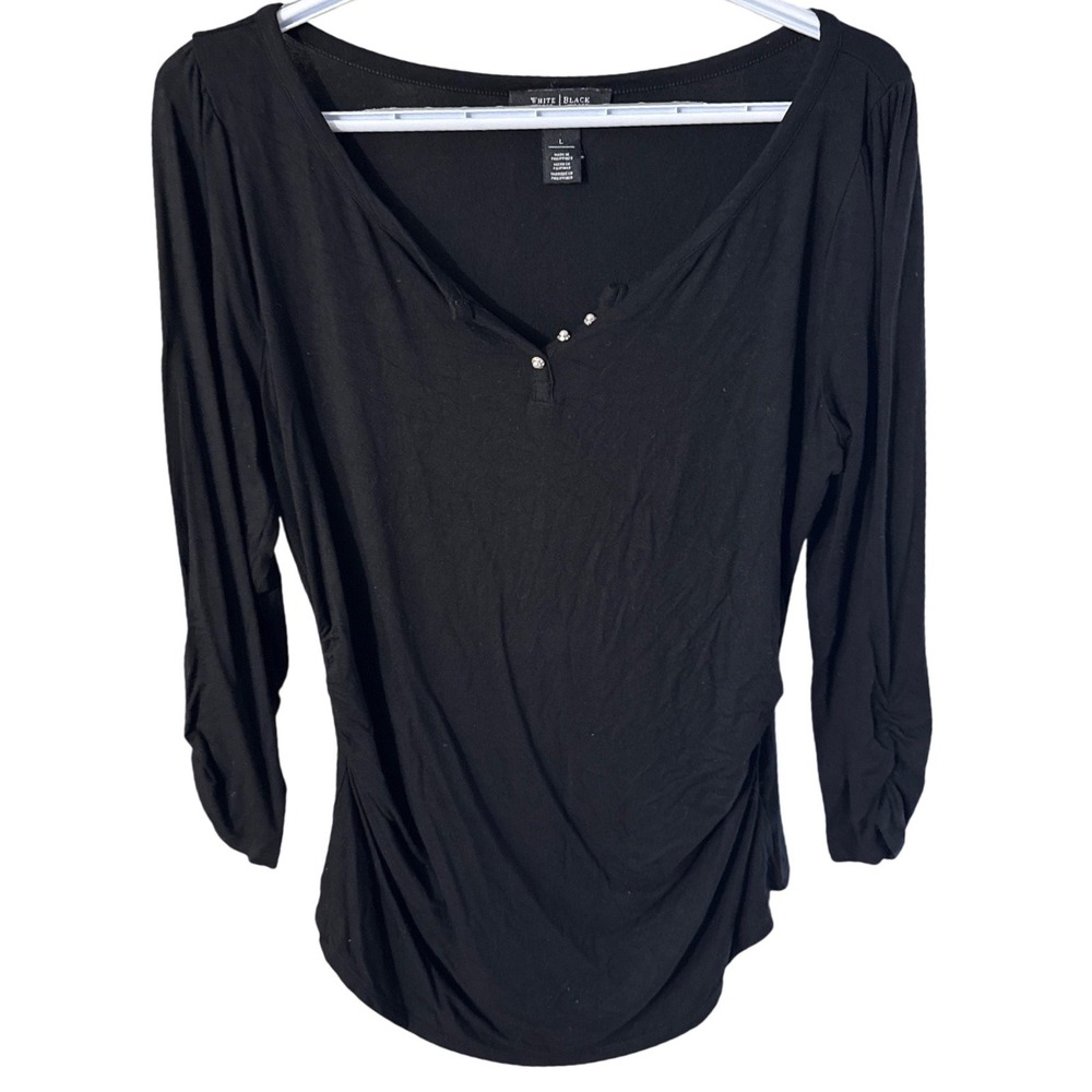White House Black Market Black Henley Top Pearl Rhinestone Ruched Long Sleeve L